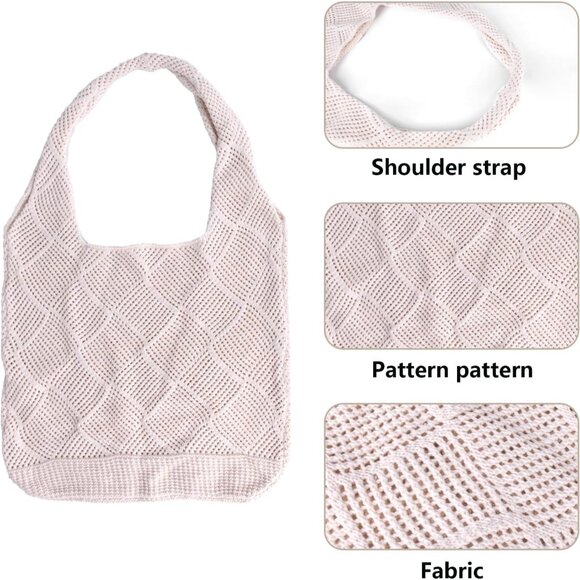Women's Beige 4 Crochet Bag Cute Mesh Summer Knitted Shoulder Beach Tote Bag - Picture 3 of 7